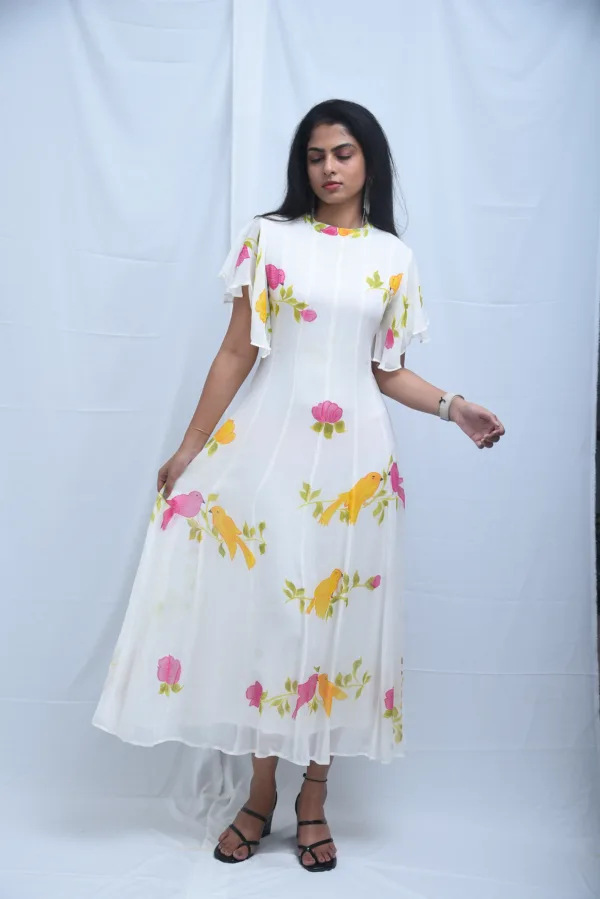 Pure Georgette Hand-Painted White Maxi Dress with Floral Bird Print