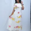 Pure Georgette Hand-Painted White Maxi Dress with Floral Bird Print