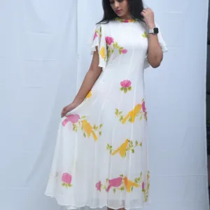 Pure Georgette Hand-Painted White Maxi Dress with Floral Bird Print