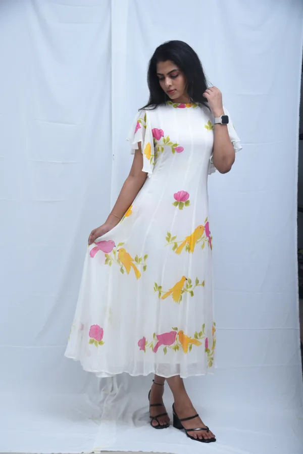 Pure Georgette Hand-Painted White Maxi Dress with Floral Bird Print