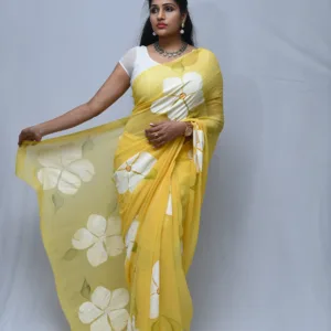 Yellow Saree with White Floral Painting