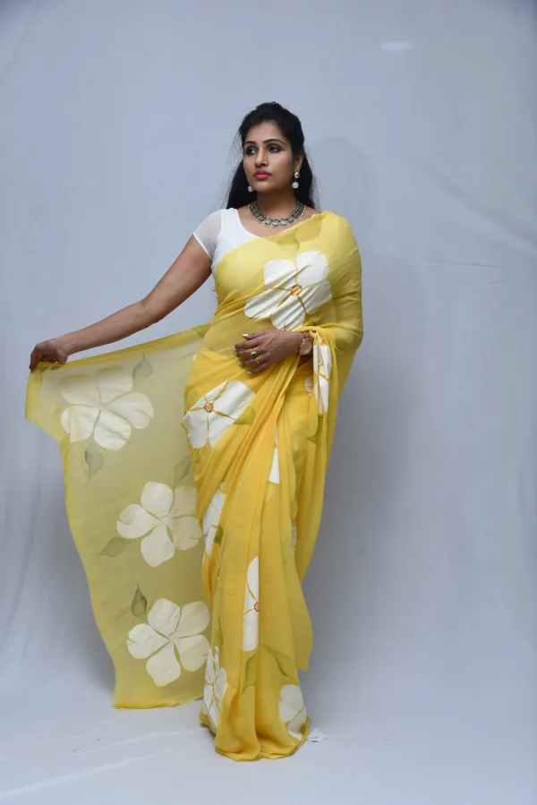 Yellow Saree with White Floral Painting