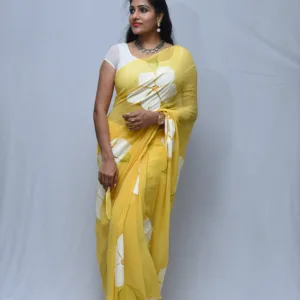 Yellow Saree with White Floral Painting