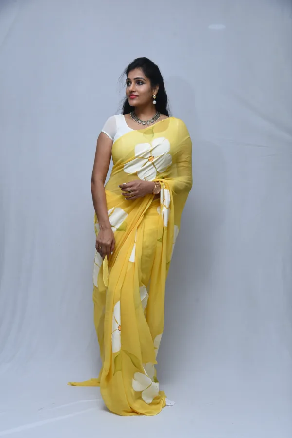 Yellow Saree with White Floral Painting