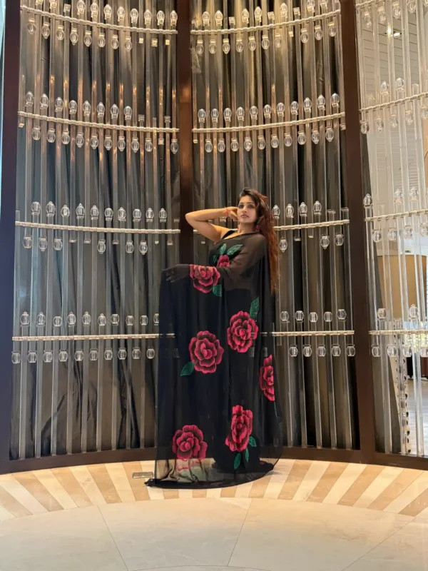 pure georgette hand painted black saree with red roses
