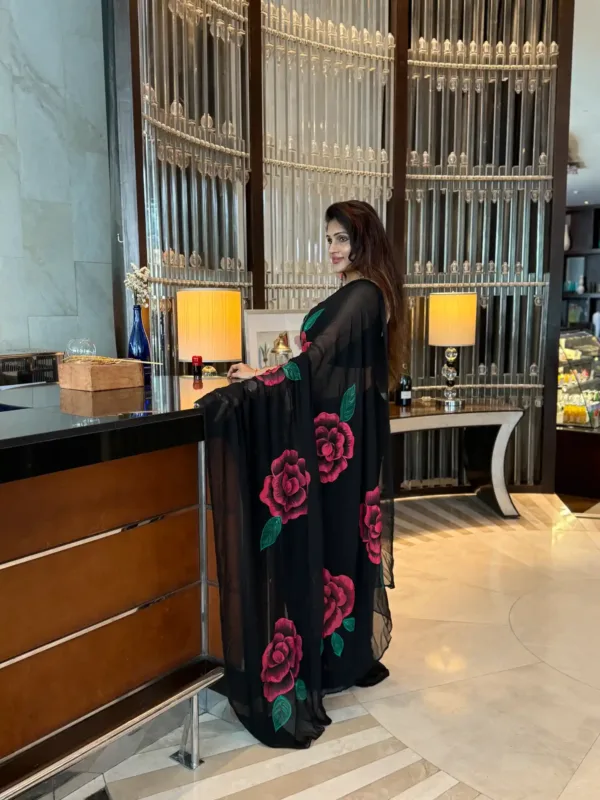 pure georgette hand painted black saree with red roses