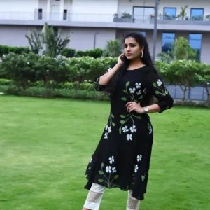 pure georgette hand painted black dress with white Lily bunches