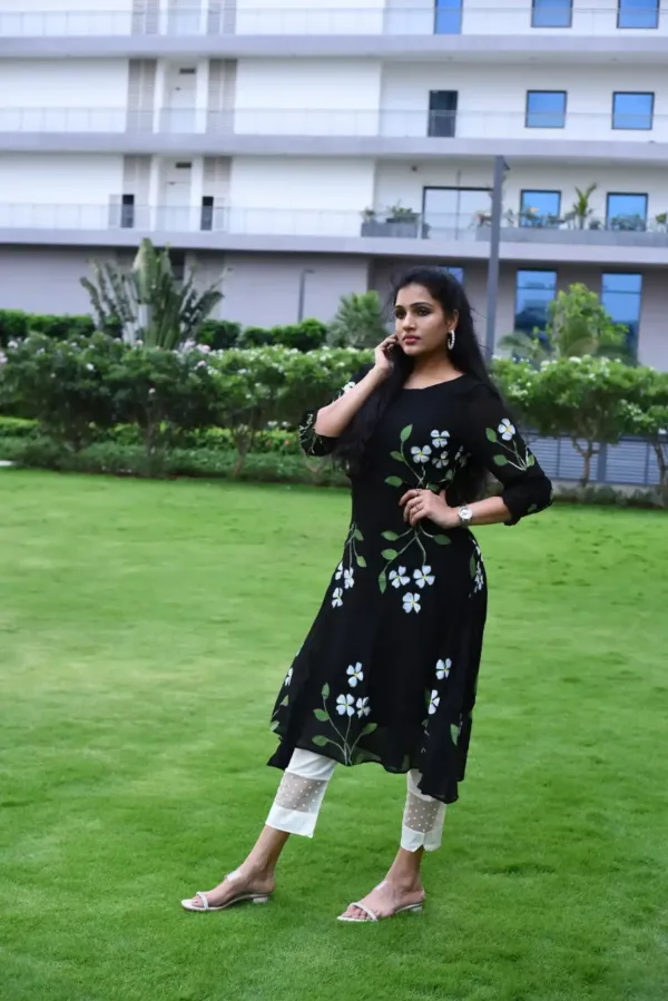 pure georgette hand painted black dress with white Lily bunches