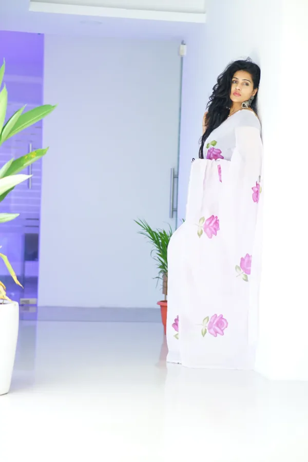 pure georgette hand painted lilac saree with purple roses