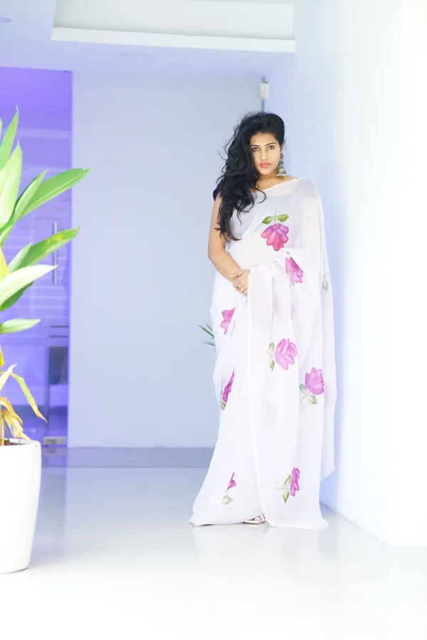 pure georgette hand painted lilac saree with purple roses
