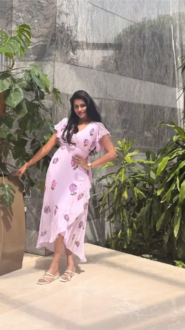 pure georgette hand painted Light pastel pink dress with shades of purple and violet roses
