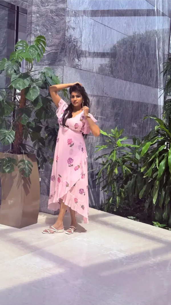 pure georgette hand painted Light pastel pink dress with shades of purple and violet roses