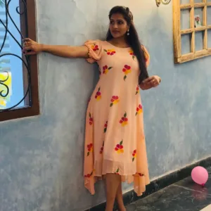 pure georgette hand painted Peach dress with pink and yellow Hibiscus flowers