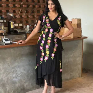 pure georgette hand painted wrap around black dress with Hibiscus flowers