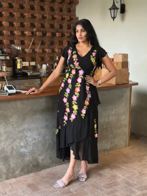 pure georgette hand painted wrap around black dress with Hibiscus flowers