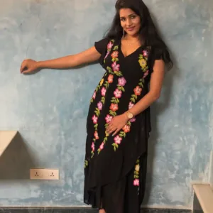 pure georgette hand painted wrap around black dress with Hibiscus flowers