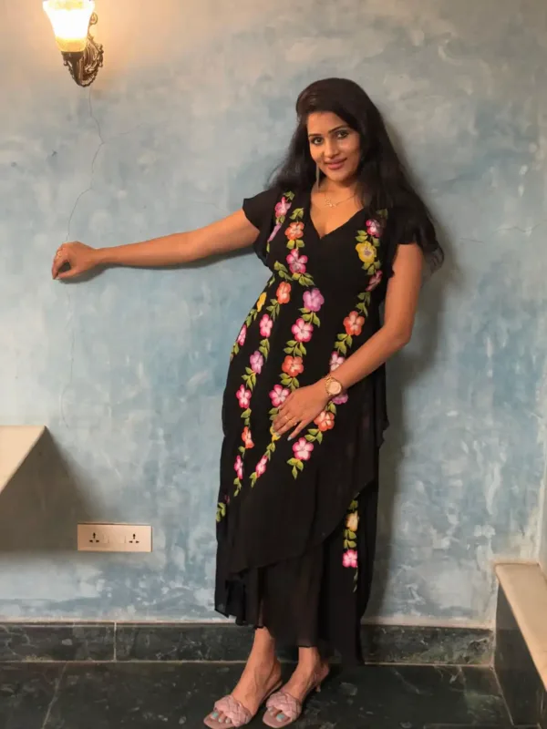 pure georgette hand painted wrap around black dress with Hibiscus flowers