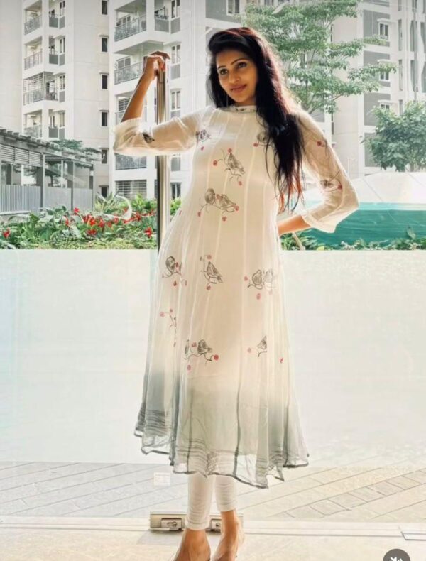 pure georgette hand painted white and ash-shaded dress with birds