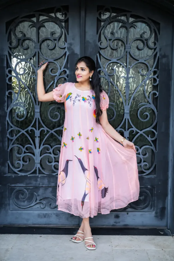 pure georgette hand painted peace dress with swan art