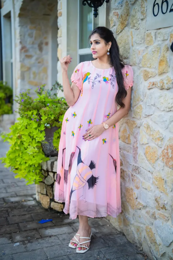 pure georgette hand painted peace dress with swan art