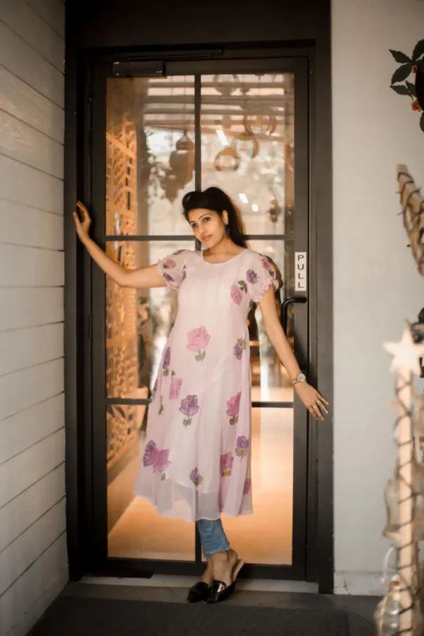pure georgette hand painted lilac dress with purple roses