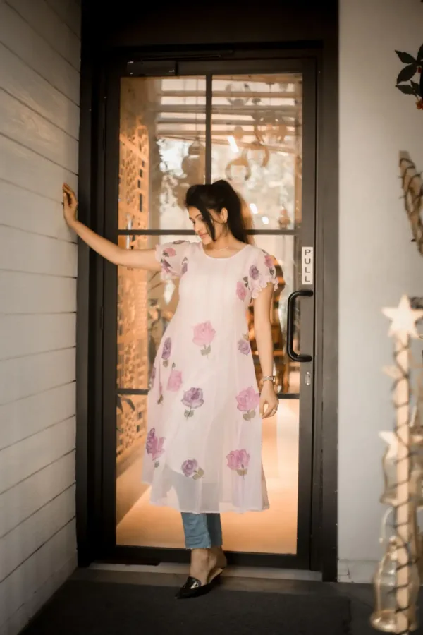 pure georgette hand painted lilac dress with purple roses