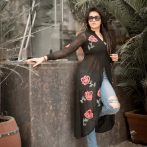 pure georgette hand painted black dress with red roses