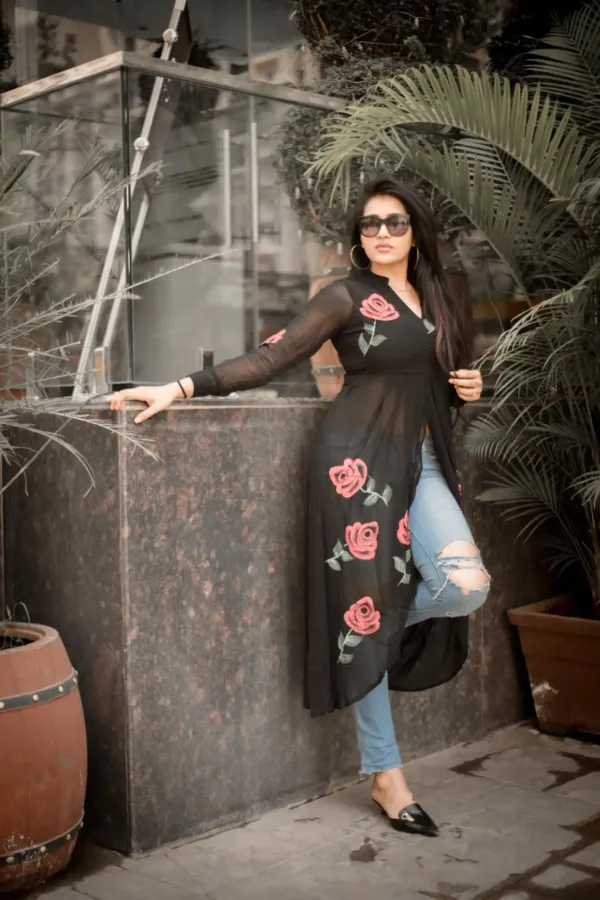 pure georgette hand painted black dress with red roses