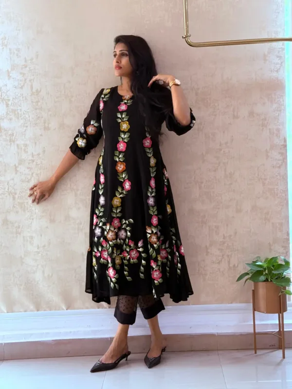 pure georgette hand painted black dress with Hibiscus flowers