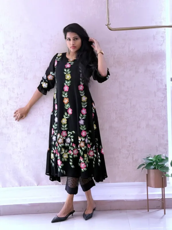 pure georgette hand painted black dress with Hibiscus flowers
