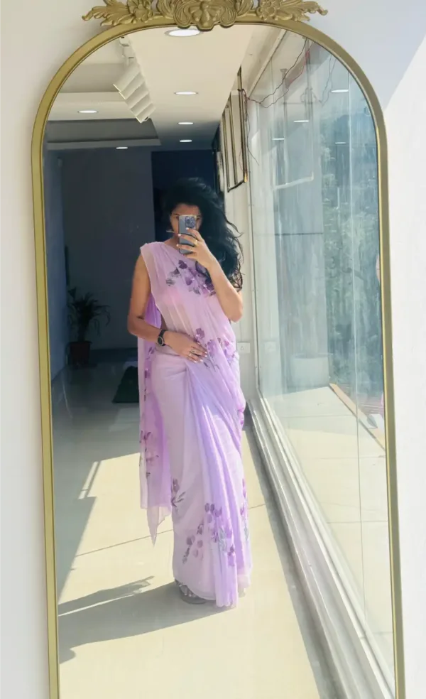 pure chiffon floral purple saree with purple shaded hibiscus bunches