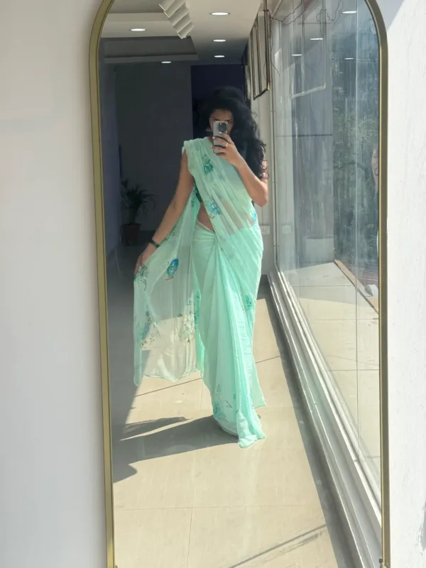 pure chiffon floral light pastel green saree with rose bunches