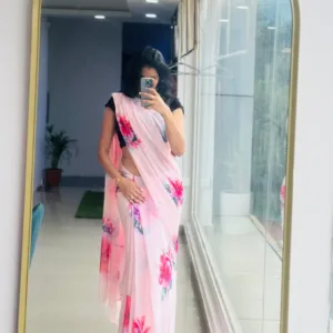 pure chiffon floral baby pink saree with red hibiscus flowers