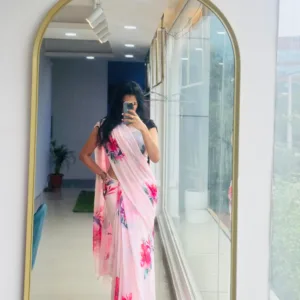 pure chiffon floral baby pink saree with red hibiscus flowers