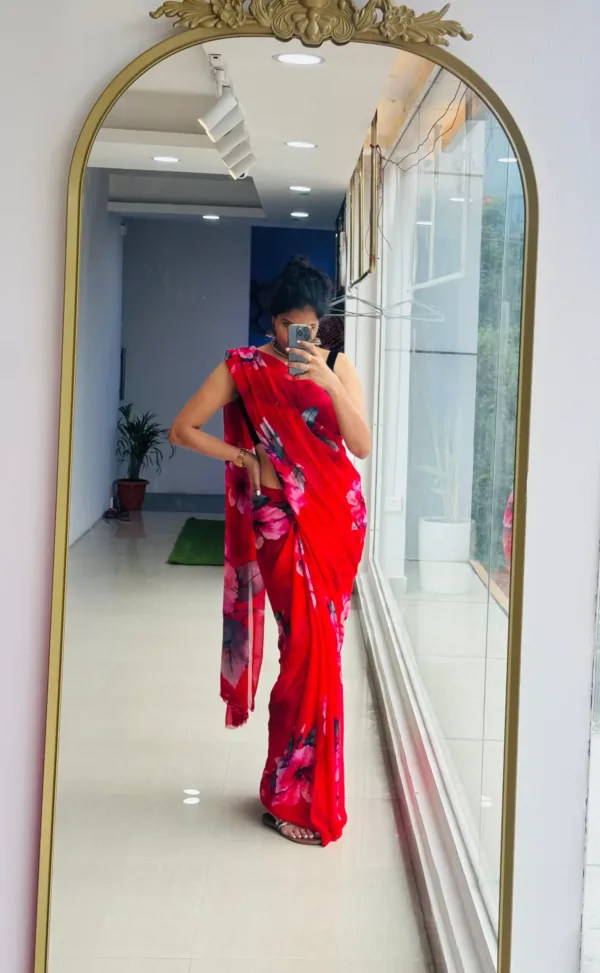 pure chiffon floral red saree with red hibiscus flowers