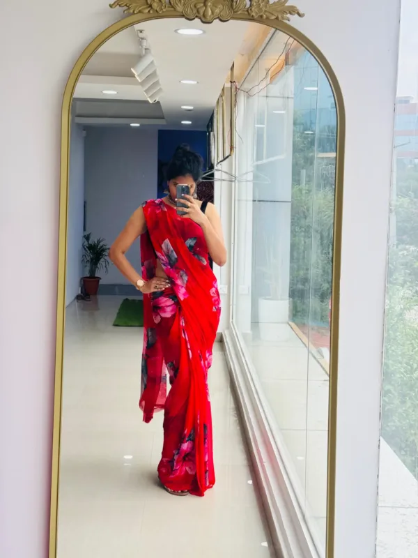 pure chiffon floral red saree with red hibiscus flowers