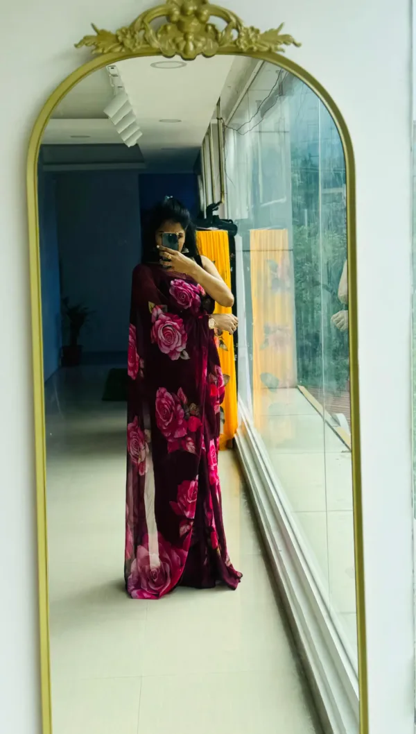 pure chiffon floral deep maroon saree with pink roses