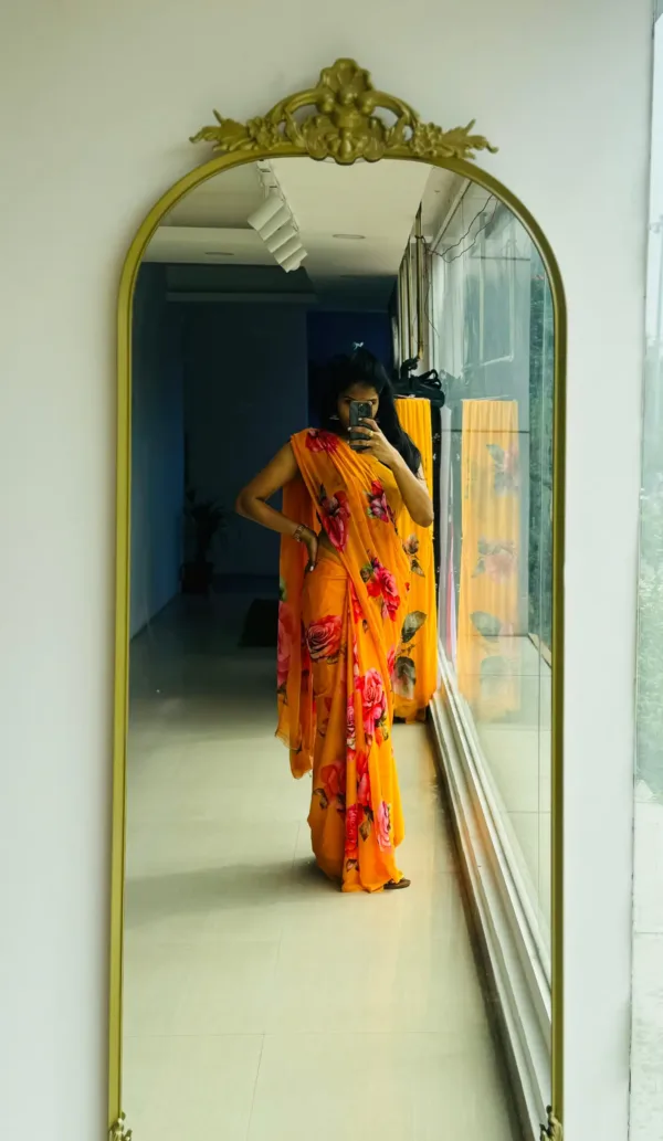 pure chiffon floral orange saree with pink and red roses