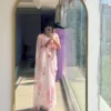 Pure chiffon floral light pink saree with pink shaded hibiscus