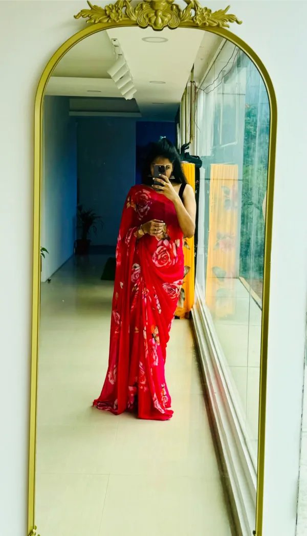 pure chiffon floral vibrant red saree with red shaded roses