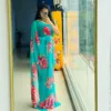 pure chiffon floral aqua blue-green saree with pink and red shaded roses