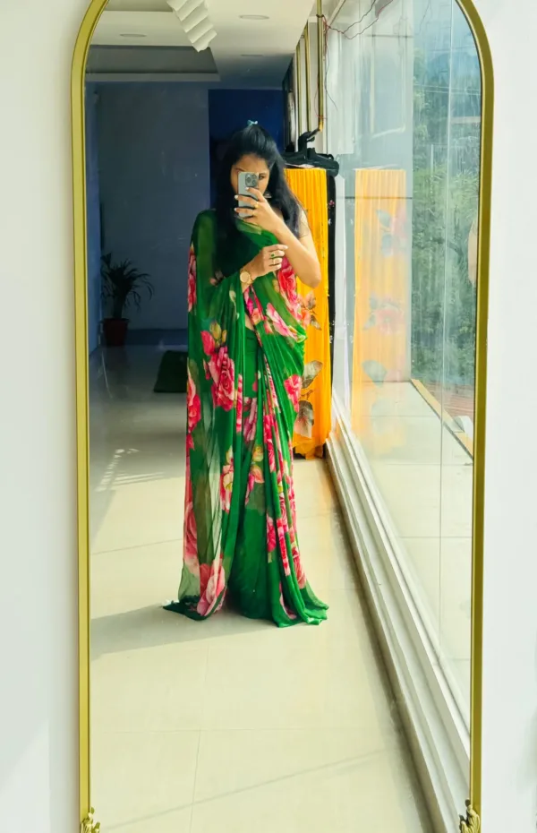 pure chiffon floral vibrant green saree with pink and red shaded roses