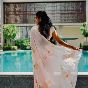 Pure georgette hand painted pink saree with floral bunches art