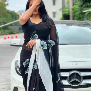 pure georgette hand painted double shaded black and white saree with beautiful roses