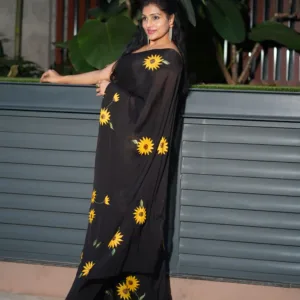 pure georgette hand painted black saree with sunflowers flowers