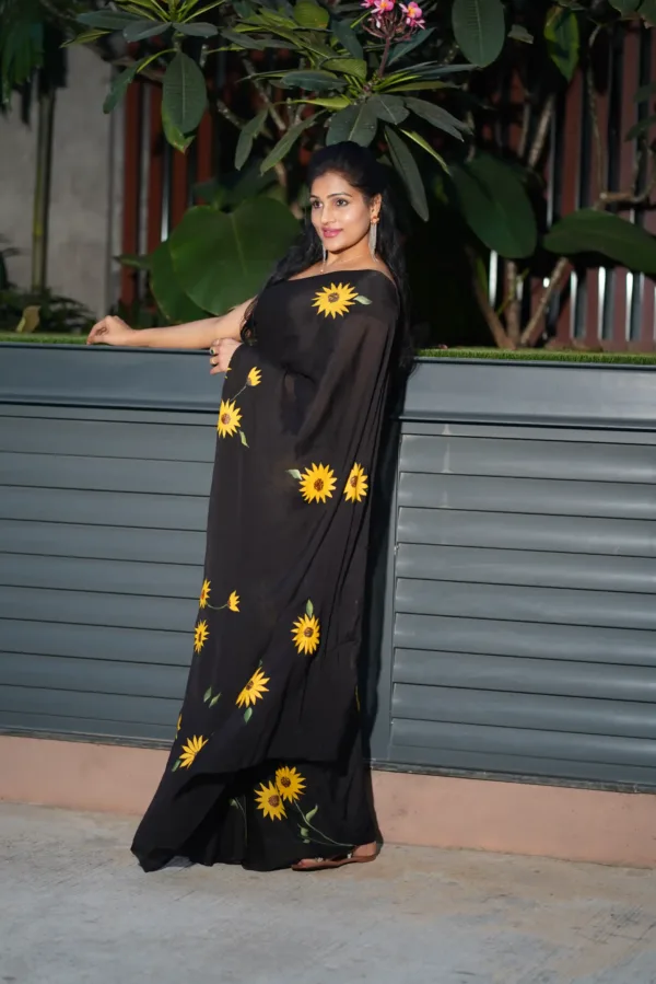 pure georgette hand painted black saree with sunflowers flowers