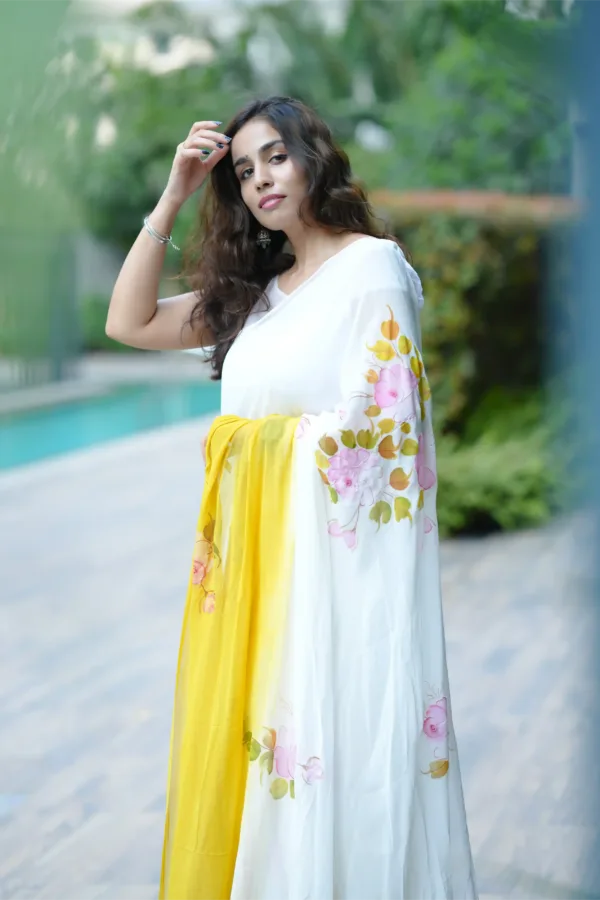 pure georgette hand painted double shaded white and yellow saree with white and purple rose bunches