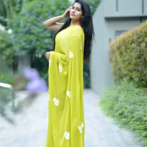 pure georgette hand painted Fluorescent green saree with white daisy bunches