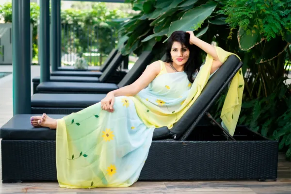pure georgette hand painted blue and yellow saree with sunflowers