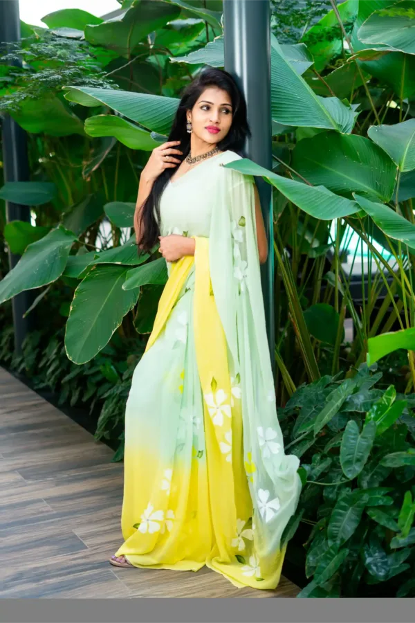 pure georgette hand painted blue and yellow saree with sunflowers